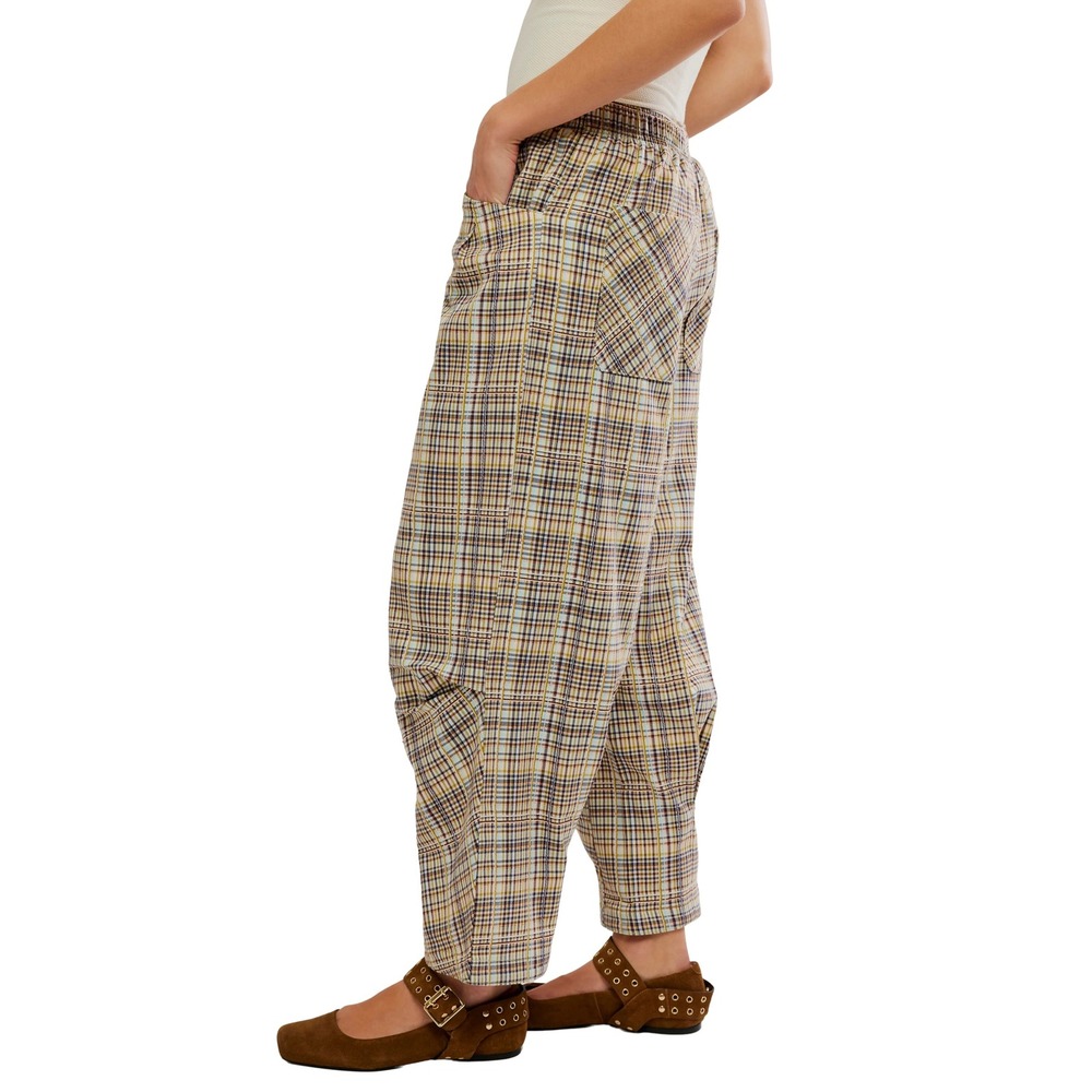 Free People Nice Choice Stripe Plaid Pull On Pants Barrel Leg Size Medium NEW - Picture 3 of 16